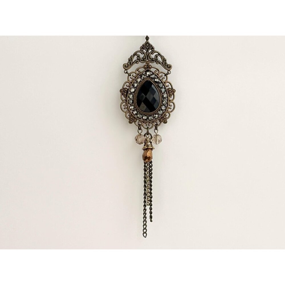 Victorian Inspired Teardrop Shaped Bronzed Faux Filigree Pendant Necklace - 18" - Picture 13 of 14